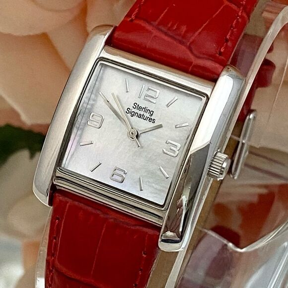 Sterling Signatures 925 Silver Tank Style Watch Mother of Pearl Dial Red Leather - Picture 3 of 16